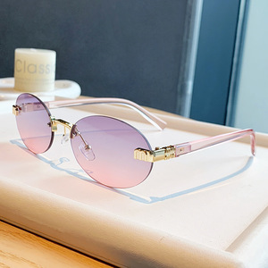 Retro <b>Frameless</b> Oval Sunglasses Metal Gold <b>Frame</b> UV400 Protection Unisex Outdoor Fashion - Product Image 3