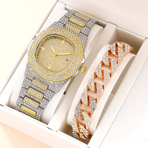 2023 dernier plaqué or Zircon pointeur sport Quartz montre discothèque plein diamant calendrier hommes montre cubaine Bracelet ensemble - Product Image 1