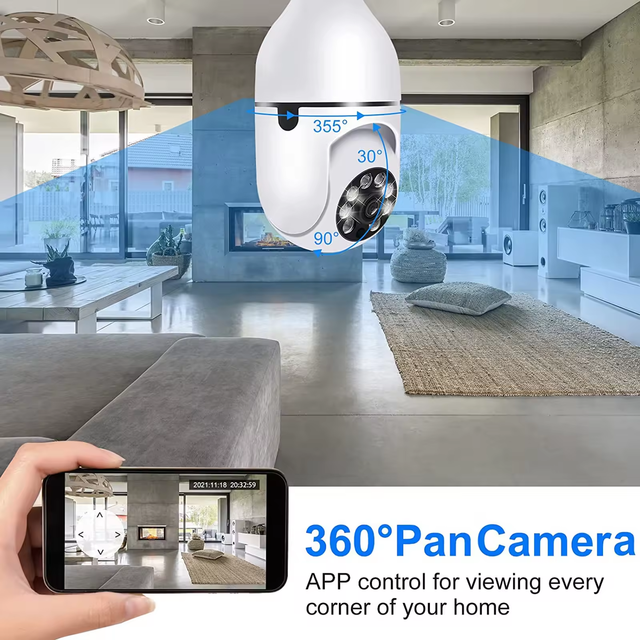 Smart WiFi Light Bulb Security Camera 360 Pan Tilt Wireless IP Cam Built-in LED Illuminator Indoor Outdoor Surveillance