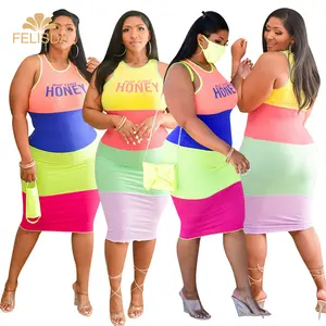 Brand Store 3xl 4xl 5xl Plus Size Women Clothing Letter Print Rainbow Bodycon Midi Dress Women Patchwork Casual Dresses