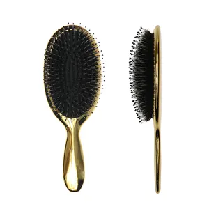 Gold Electroplating Paddle Plating Antistatic Wild Boar Nylon Bristle Hair Brush Massage Ionic Hair Brush Set for Women