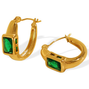 ต่างหูแบบห่วง ชุบทอง เหล็กไทเทเนียม ประดับเพทายสีเขียว ดีไซน์ทรงเรขาคณิต ใส่ได้ทุกวัน - Product Image 5