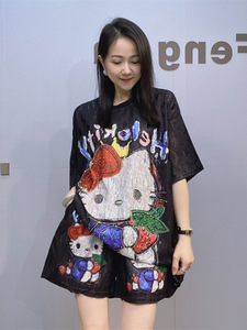 Bộ hai món phong cách mùa hè cho nữ áo thun ren ngắn tay nạm kim cương có hình hoạt hình ngoại cỡ họa tiết 3D b0122 - Product Image 2