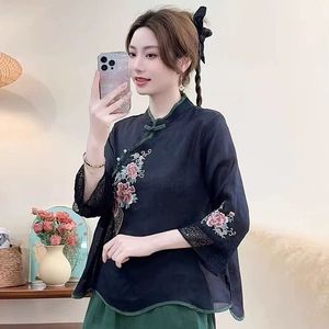 Traditional Chinese Embroidered Stand Collar Top Women Cotton Linen Summer Ethnic Style Three Quarter Sleeve Purple - Product Image 2