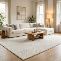 Tapis Wabi Sabi Jacquard aspect jute PP pour salon, beige, lignes ondulées texturées, antibactérien, hauteur de pile 9 mm, fin, pour la maison
