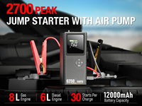 Démarreur portable automatique 2700A 12V avec pompe à air 150 PSI et batterie externe 12000 mAh pour gonflage rapide des pneus de camion et assistance routière rapide