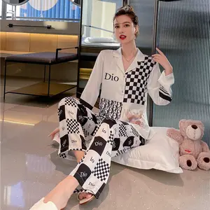 2021 Fashion Pajamas Women cartoon Long Sleeve pyjamas Set ice silk women's home wear suit