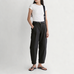Leduo Customized <b>Women</b> High Waist Pleated Straight <b>Cropped</b> Pants Solid <b>Black</b> Cotton Casual Ankle <b>Trousers</b> With Pockets - Product Image 3