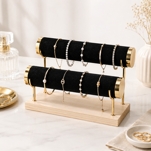 Customized 1-2-3-4 Tier Gold Metal T-Bar Solid Wooden Jewelry Organizer Stand Bangle Bracelet <b>Watch</b> Display Rack Holder <b>Set</b> - Product Image 5