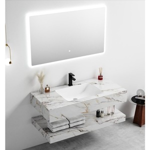Meuble-lavabo gris flottant avec vasque en céramique intégrée et miroir LED intelligent - Product Image 3