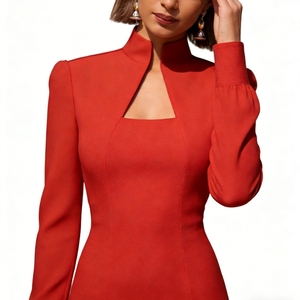 Robe moulante à col montant et découpes pour femme - Robe de soirée mini à manches longues tendance - Product Image 5