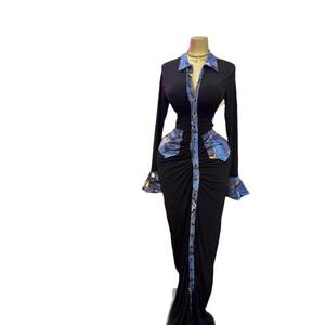 Spot 2025 Autumn Snow-Like Denim Printed Pleated Sweet Style Women's Long Sleeve Lapel Tight-Fit High Waist Anti-Static <strong>Dress</strong> - Product Image 5