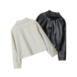Custom vintage stand collar PU leather short jacket women Motorcycle women's jackets