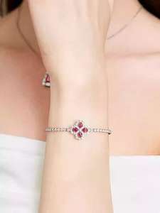 18Kソリッドゴールドルビーチェーンリンクブレスレット女性用クラシックラッキーフォーリーフクローバー花の形サードパーティ認定フルダイヤモンド - Product Image 2