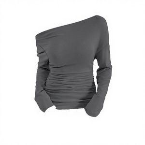 Blusa de Mujer Transpirable, Lisa, con Hombros Descubiertos, Escote Asimétrico y Mangas Largas Elegantes para Primavera y Otoño - Product Image 3