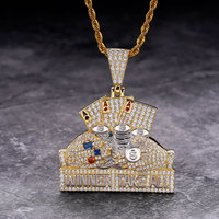 Bijoux Hip Hop Bling Iced Out pour Hommes, Pendentif Personnalisé en Zircone et Moissanite, Motifs Pièce de Monnaie Dollar et Carte à Jouer, Pendentif Gagnant