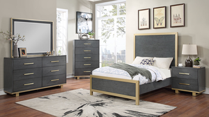 Ensemble de chambre à coucher moderne gris et or - Lit plateforme avec accents métalliques, commode, table de chevet et coffre pour une décoration contemporaine de luxe - Product Image 5