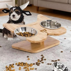 Wooden Elevated Pet <b>Feeder</b> With Stainless Steel Bowls Non Slip Dog <b>Cat</b> Food Bowl Stand For Pets - Product Image 1