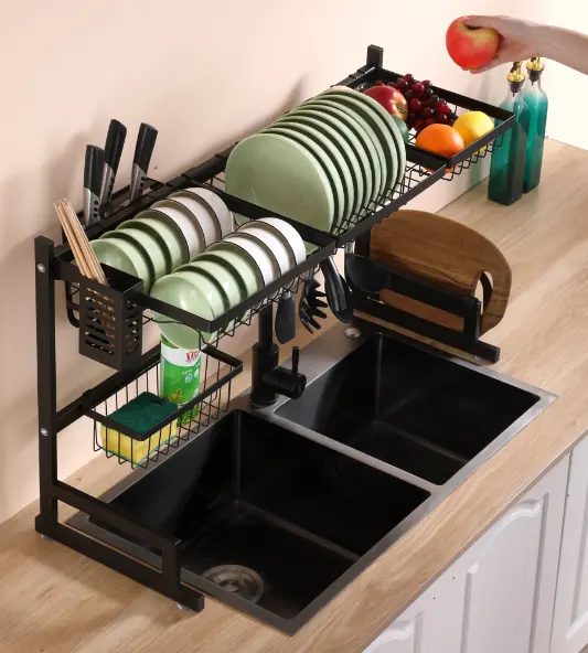 85 cm Edelstahl-Speicherhalter mit schwarzer Beschichtung Küchen-Speichergeschirr-Abtropffläche Über Waschbecken Geschirrtrockengestell