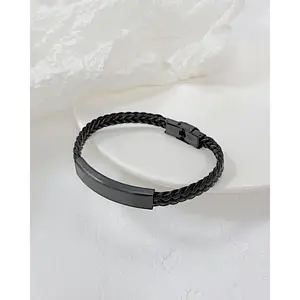 Hot Selling Simple Adjustable Custom Engraved Black Stainless Steel Anchor Braided Pu Leather Woven Bracelet Man