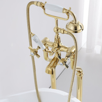 Robinet de sol réglable en laiton massif, finition dorée, double poignée, classique et traditionnel, pour baignoire, surface chromée, idéal pour villas