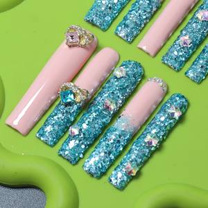 Uñas postizas de lujo acrílicas hechas a mano con diseño de estrellas y mariposas, puntas francesas, cobertura completa, estilo ataúd, cuadradas, al por mayor - Product Image 4