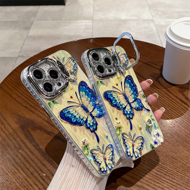 The Explosive Korean Blue Rhinestone Oil Painting butterfly Fashion Phone case for IPhone14promax 15pro Stand 13 12 11