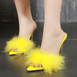 Novità: Ciabatte Sexy con <span class=keywords><strong>Piume</strong></span> per Donne, <span class=keywords><strong>Scarpe</strong></span> con Tacco Alto in Pelliccia, Stiletto con Punta Aperta, Mules Trasparenti Rosa Estive - Product Image 2