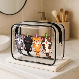 Sac de rangement pour maquillage en PVC transparent avec fermeture éclair, motif de chat mignon, idéal pour les amoureux des chats et les passionnés de maquillage - Product Image 2