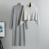 Ensemble robe tricotée pour femme, pull à manches longues et col haut avec cape, tenue deux pièces pour la mode automne-hiver