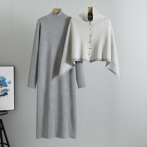 Ensemble robe tricotée pour femme, pull à manches longues et col haut avec cape, tenue deux pièces pour la mode automne-hiver - Product Image 3