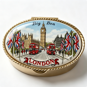 Bandeja Metálica de Recuerdo del Big Ben de Londres, Bañada en Oro, Pintada, Redonda, con Diseño Patriótico - Product Image 3
