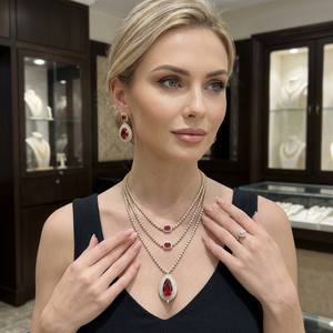 Luxury Brass Multi Layer <b>Ruby</b> Red CZ <b>Necklace</b> Set Gold Plated Bridal Choker Crystal Pendant Earrings Jewelry for Women - Product Image 2