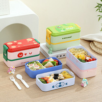 Boîte à lunch portable double couche pour étudiants Cartoon Kidsren Boîte à lunch compartimentée Boucle latérale Couvercle en plastique comprenant une fourchette et une cuillère