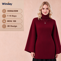 Robe pull longue en maille côtelée simple à col roulé WINDAY pour femme, idéale pour l'automne et l'hiver