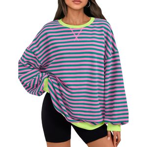 Oversized Sweatshirt Women Striped Long Sleeve Drop Shoulder Crewneck Knitted Cotton <b>Y2K</b> <b>Top</b> Casual Wear - Product Image 1