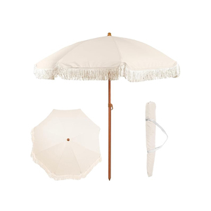 Boho Beach Umbrella with <b>Fringe</b> White Canvas <b>Parasol</b> Wooden Pole Portable Outdoor Sun Umbrella with Carry Bag - Product Image 1
