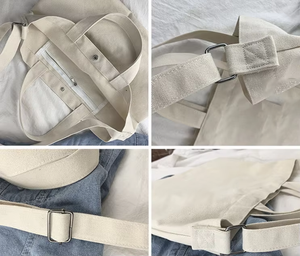 Sac fourre-tout en toile de coton noir et beige avec poche intérieure zippée, logo personnalisé OEM imprimé, bandoulière réglable - Product Image 3