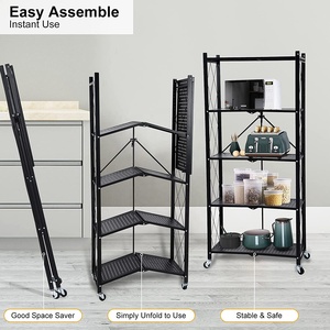 Foldable 4 Tier Heavy Duty Rack Metal Shelf Kitchen <strong>Shelving</strong> 4-Shelf Household Adjustable <strong>Folding</strong> Shelves - Product Image 4
