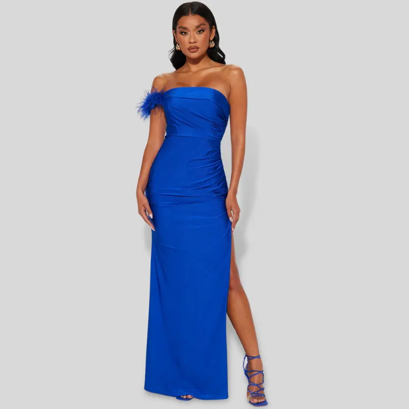 Ocstrade High Quality Blue Bodycon Prom Party Dresses High Split Feather Elastane Midi Dress Sheath Evening Dress 2023