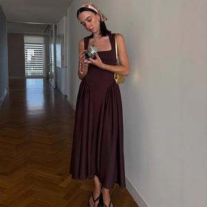 Robe d'été Nouvelle couleur pure Élégant col carré cintré <span class=keywords><strong>Gilet</strong></span> plissé - Product Image 4