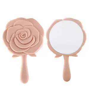 定制标志时尚粉色花朵造型小妆带手柄镜便携式化妆品迷你口袋旅行镜