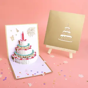 Toptan özel basit mutlu doğum günü pastası 3d pop up tebrik kartı ile müzik ve Led ışık