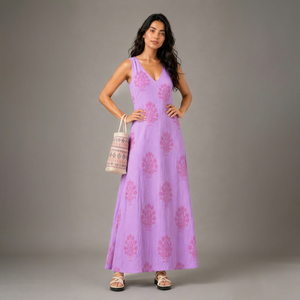 Vestido largo de mujer de algodón suave con estampado floral de seersucker – Ropa de verano sin mangas para resort - Product Image 1