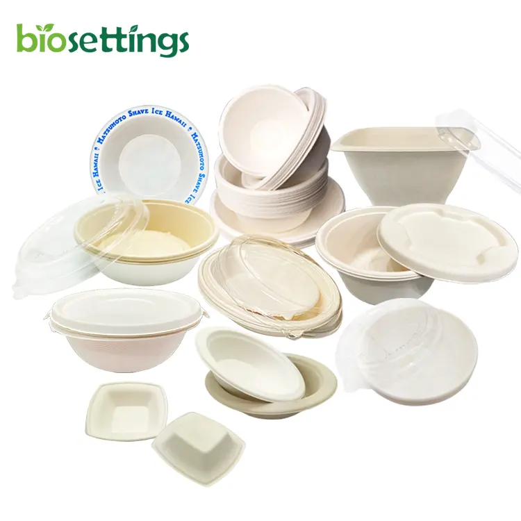 Compostable 12Oz-32Oz Mía Bã Mía Bột Giấy Bowls Vuông Vòng Oval Phân Hủy Sinh Học Dùng Một Lần Bát Có Nắp