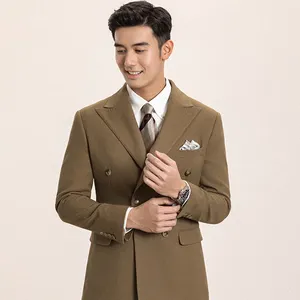 Stock available men suits made in turkey double breasted brown suits slim fitting for men 2 pieces set