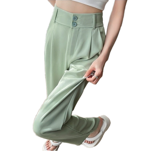 High <b>Waist</b> Pleated Satin Straight Pants Women Loose Ankle-Length Solid Color Button Fly Casual Summer <b>Trousers</b> Green - Product Image 1