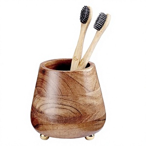 Wooden <b>Toothbrush</b> <b>Holder</b> Stand Round Minimalist Eco-Friendly Bathroom Organizer Countertop Rack - Product Image 1
