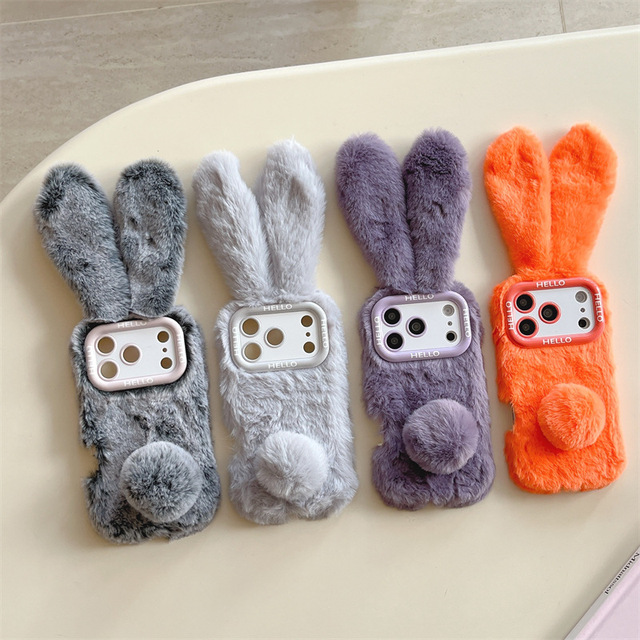 Cute Solid Color Plush Rabbit Ears Phone case for iphone 16 15 14 13 17 Pro Max Autumn Winter Soft Shockproof Protective case