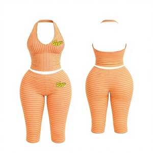 Conjunto de Ropa de <span class=keywords><strong>Verano</strong></span> Sexy para <span class=keywords><strong>Mujer</strong></span> con Logotipo de Goma Personalizado, Top Halter a Rayas y <span class=keywords><strong>Pantalones</strong></span> Capri, Conjunto de 2 Piezas - Product Image 2